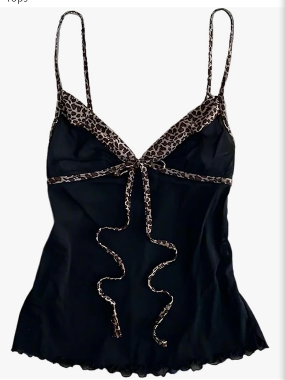 Y2K esc Black Satin Cami with Leopard Trim
